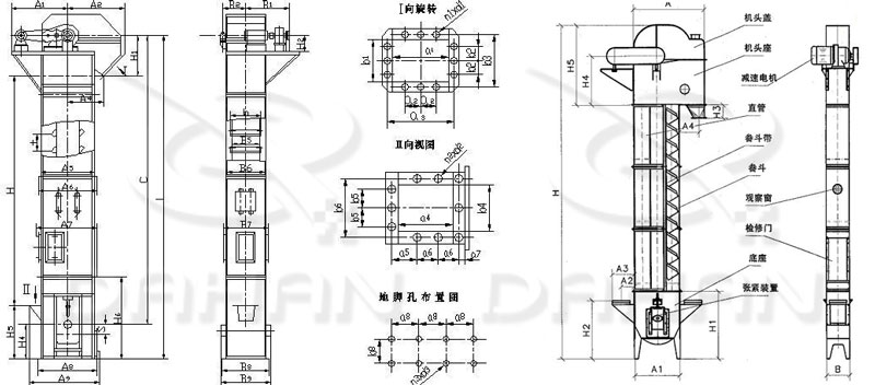 TD/D型斗式提升機(jī)基本結(jié)構(gòu):機(jī)頭蓋，機(jī)頭座，減速電機(jī)，直管，底座，緊張裝置等。