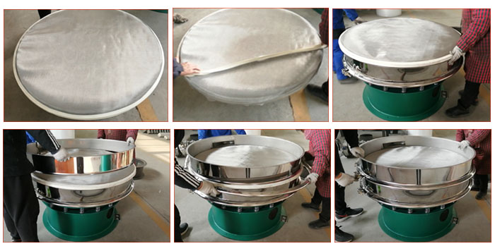 食品振動(dòng)篩網(wǎng)安裝步驟3，將密封圈安裝到網(wǎng)架周圍，將篩框放到網(wǎng)架上，并利用束環(huán)將上下兩層篩框固定在一起。