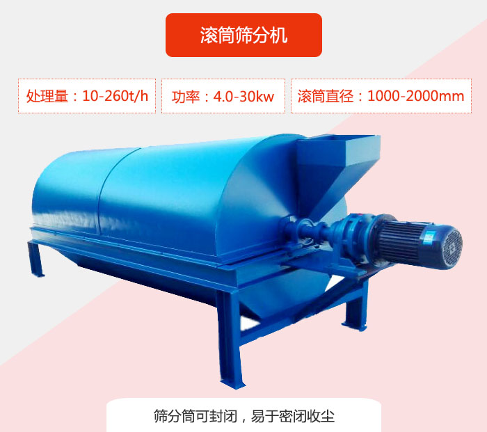 滾筒篩分機(jī)：處理能力：10-260t/h  功率：4.0-30kw 滾筒直徑：1000-2000mm 篩分筒可封閉，易于密閉收塵