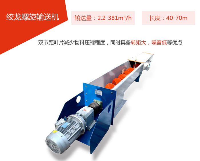 絞龍螺旋輸送機輸送量：2.2-381m3/h 長度：40-70m 雙節(jié)距葉片減少物料壓縮程度，同時具備轉矩大，噪音低等優(yōu)點。