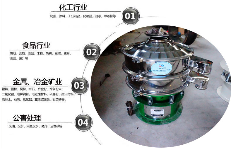 面粉振動篩粉機(jī)適用于化工，食品，金屬、冶金，公害處理等行業(yè)