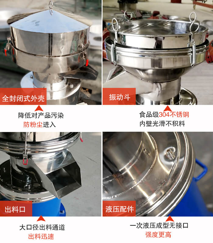450過濾篩機結構組成：全封閉式外殼設計：對產品的污染低，防塵粉進入電機內部延長設備壽命。振動斗：食品304不銹鋼篩斗，內壁光滑不存在積料現(xiàn)象。出料口，大口徑出料通道，出料迅速，提高工作效率。液壓配件：一次液壓成型無接口強度更高。
