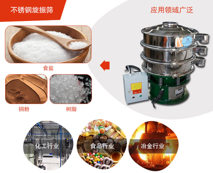 不銹鋼旋振篩應(yīng)用的行業(yè):高濃度漿液過濾篩分，奶粉，豆奶粉專用振動篩機